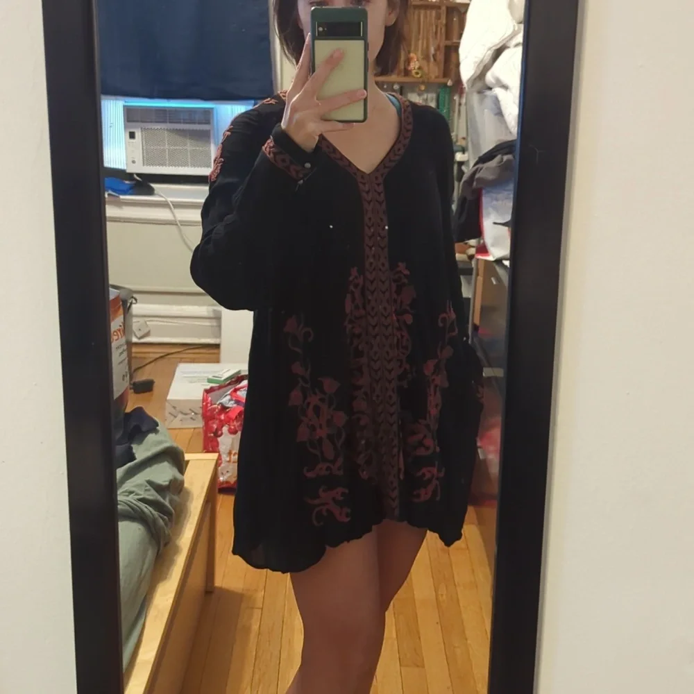 Dark romantic Free people LS Black  embroidered Mini dress-small